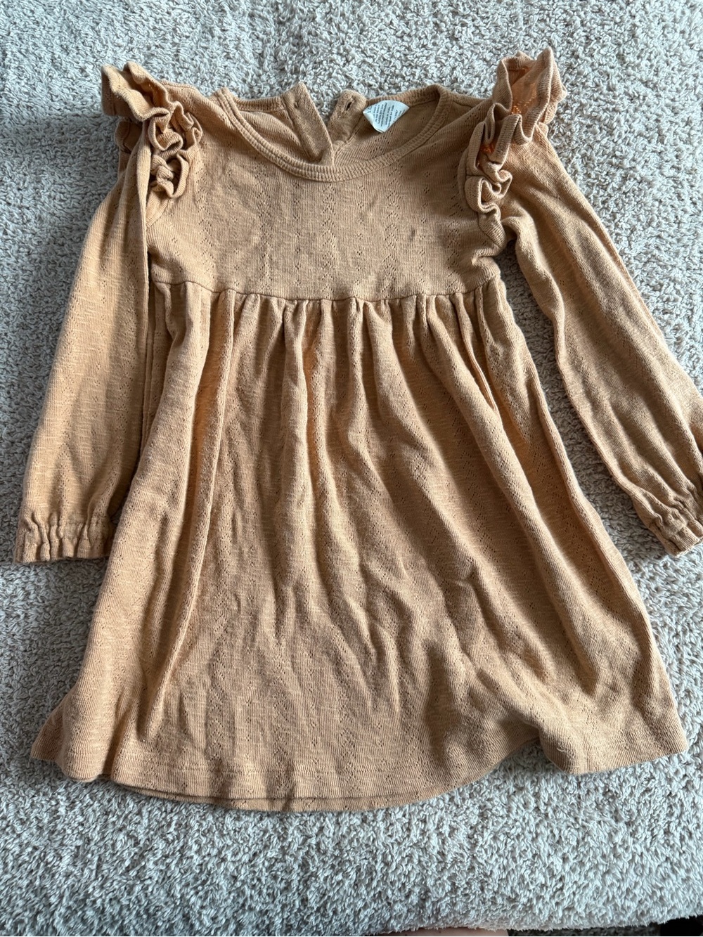 Kate Quinn Camel Pointelle Ruffle Shoulder Long Sleeve Dress 3T